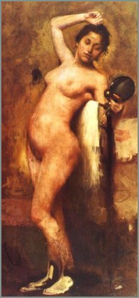 Nude woman admiring herself in mirror